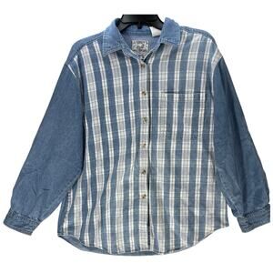 Vintage Y2K Andrews Blues Shirt L Blue Plaid Button Up Long Sleeve Barn Chore